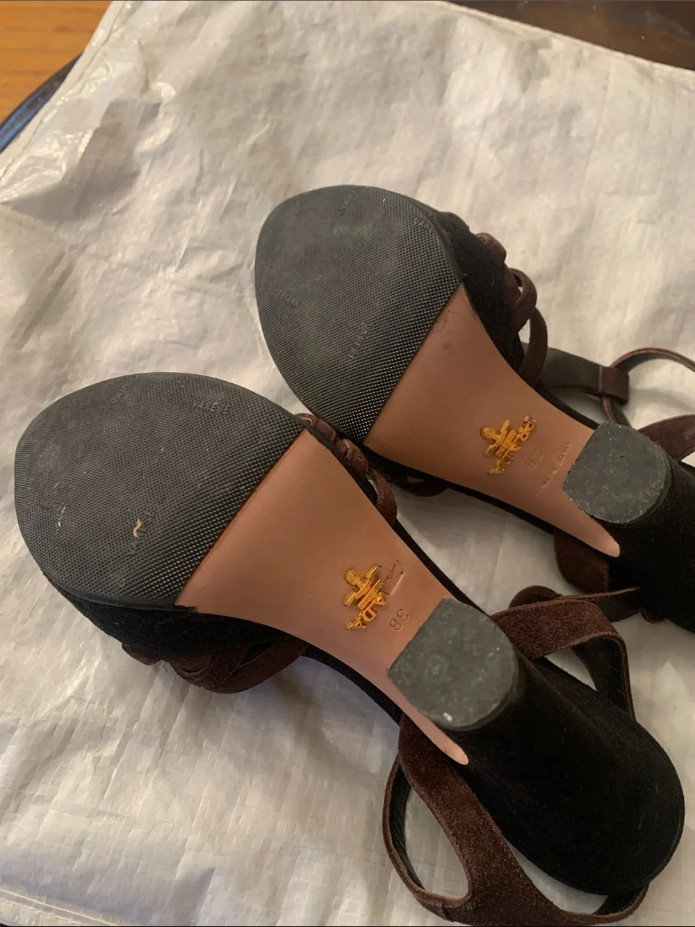 Prada Dark Brown Suede Woven T-Strap High Heels